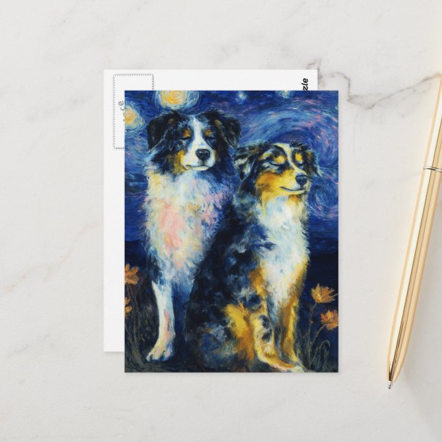 Faux Van Gogh Two Austrailian Shepherds Vykort (Fram/Back In Situ)