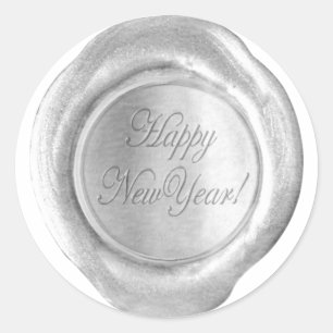 Faux Vax Sälar - Silver Script - Gott nytt år Runt Klistermärke