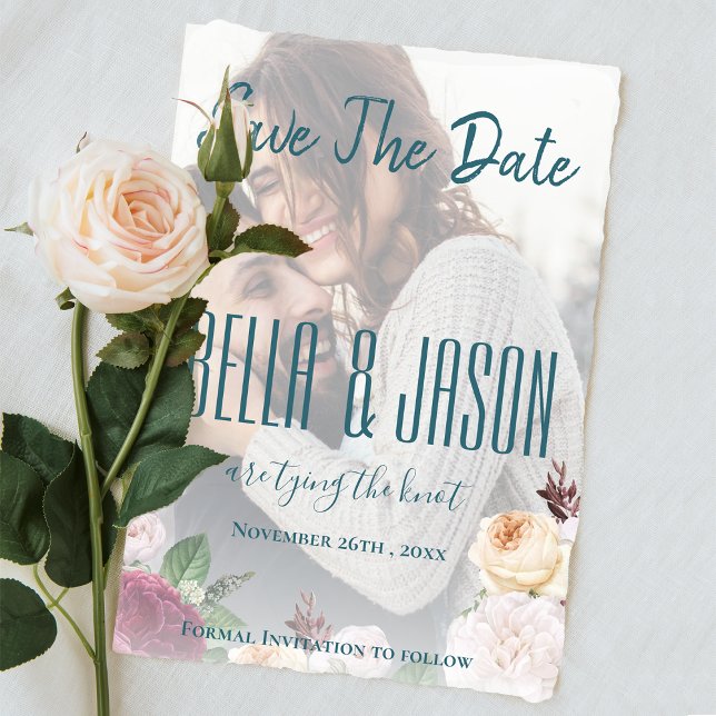 Faux Vellum Blommigt Photo Bröllop spara datum Magnetisk Inbjudningskort (Faux Vellum Floral Photo Wedding Save the Date Magnetic Invitation)