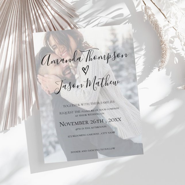 Faux Vellum Effect Photo Wedding bjudande Inbjudan Vykort (Faux Vellum Effect Photo Wedding Invitation)