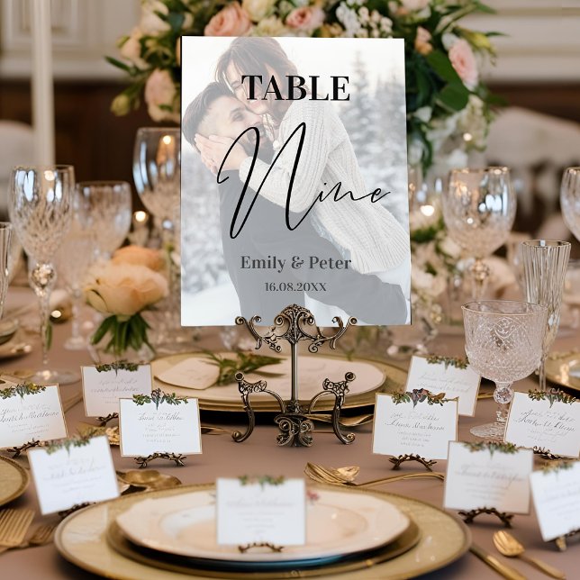 Faux Vellum Photo Bröllop NINE Bordsnummer (Faux Vellum Photo Wedding NINE Table Number)