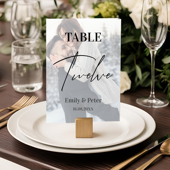 Faux Vellum Photo Bröllop Tolve Bordsnummer (Faux Vellum Photo Wedding Twelve Table Number)