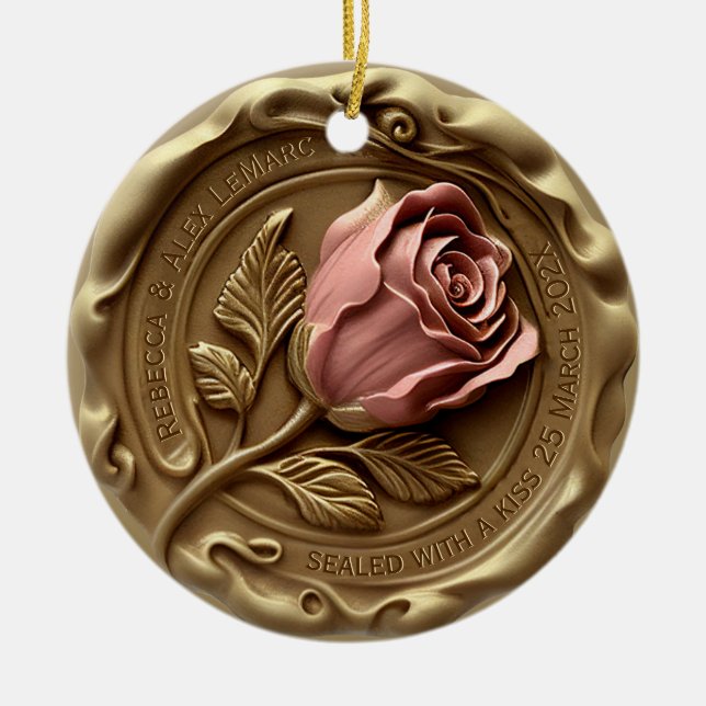 Faux Wax Stamp Gold Pink Rose Flower Anniversary Julgransprydnad Keramik (Framsidan)