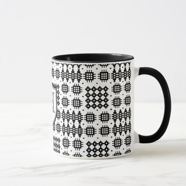 Faux Welsh Tapestry Mönster Monogram Black, White Mugg (Höger)