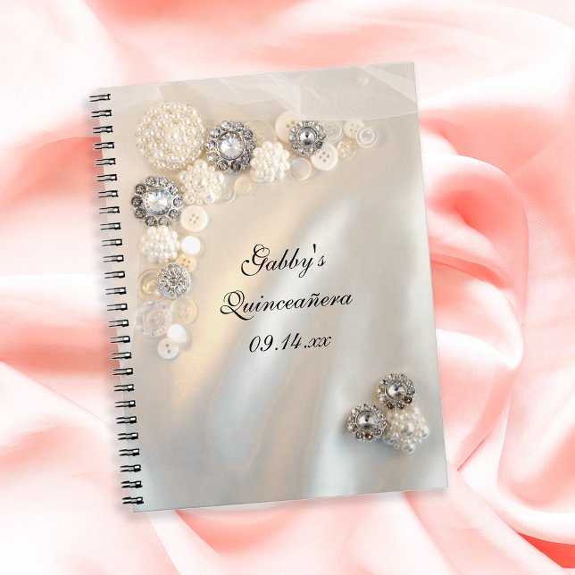 Faux White Pearl Diamond Buttons Quinceañera Anteckningsbok Med Spiral (Skapare uppladdad)
