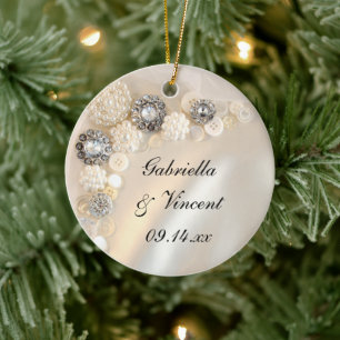 Faux White Pearl och Diamond Buttons Bröllop Julgransprydnad Keramik