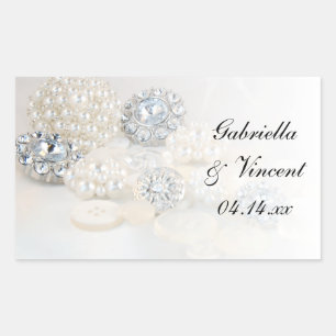 Faux White Pearl och Diamond Buttons Bröllop Rektangulärt Klistermärke