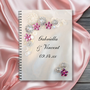 Faux White Pearl och Rosa Diamond Buttons Bröllop Anteckningsbok Med Spiral