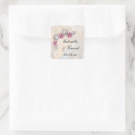 Faux White Pearl och Rosa Diamond Buttons Bröllop Fyrkantigt Klistermärke