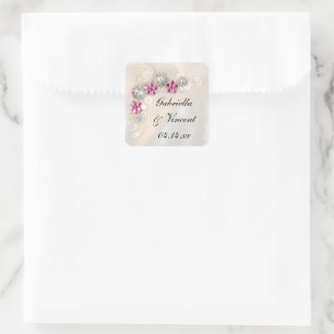 Faux White Pearl och Rosa Diamond Buttons Bröllop Fyrkantigt Klistermärke