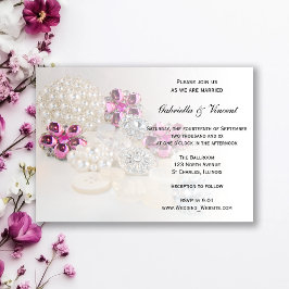 Faux White Pearls och Rosa Diamond Buttons Bröllop Inbjudningar