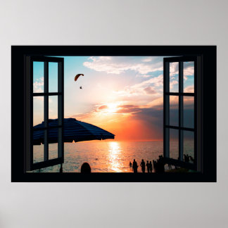 Faux Window med Beach Sunset Ocean Poster