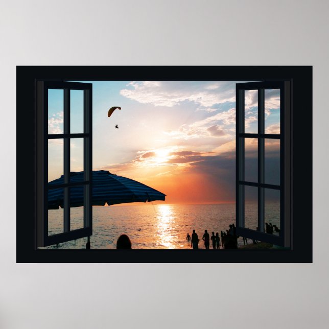 Faux Window med Beach Sunset Ocean Poster (Framsidan)