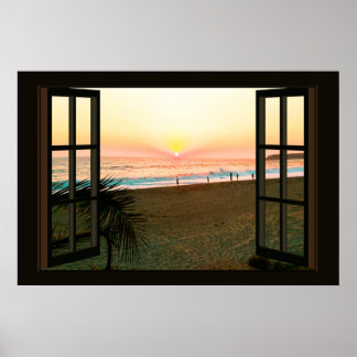Faux Window med Beach Sunset Ocean Poster
