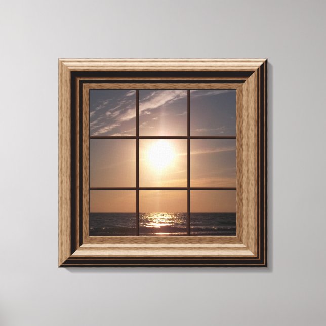 Faux Window View Ocean Sunset Canvas Wall Art (Framsida)