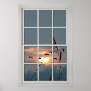 Faux Window White Wood Window Ram Flock of Birds Poster