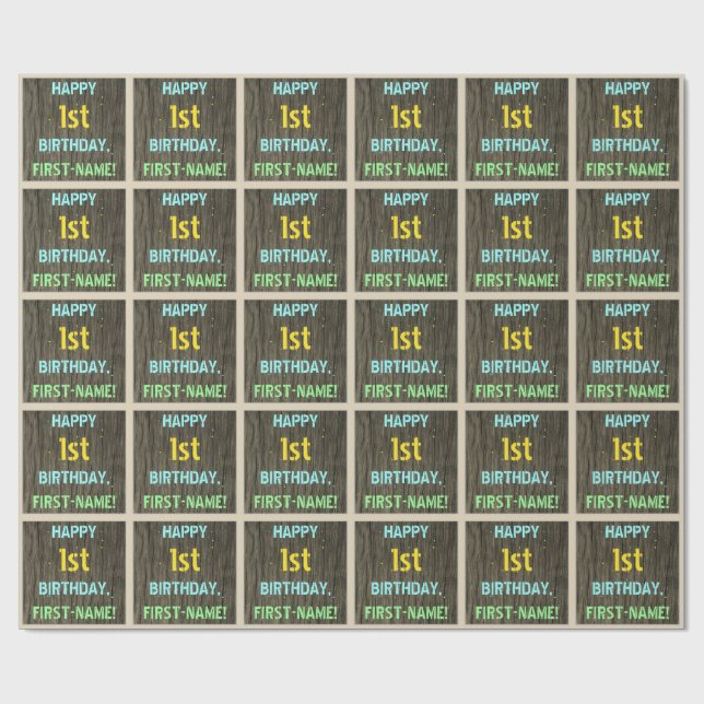 Faux Wood, färgat textutseende, 1:a födelsedag + N Presentpapper (Platt)