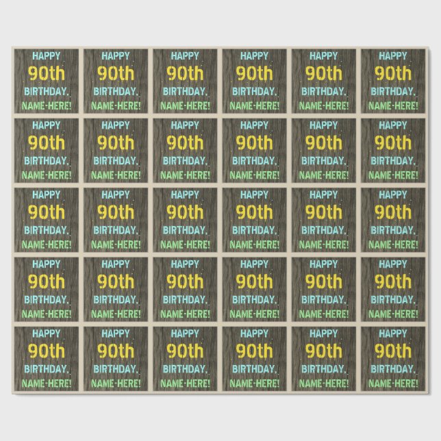 Faux Wood, färgat textutseende, 90:e födelsedag +  Presentpapper (Platt)