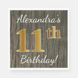 Faux Wood, Faux Guld 11th Birthday + Custom Name Pappersservett