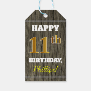 Faux Wood, Faux Guld 11th Birthday + Custom Name Presentetikett