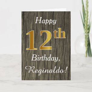 Faux Wood, Faux Guld 12:e Birthday + Custom Name Kort