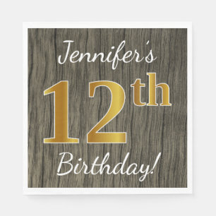 Faux Wood, Faux Guld 12:e Birthday + Custom Name Pappersservett