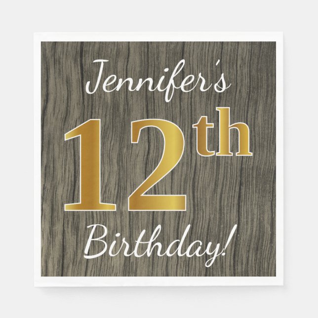 Faux Wood, Faux Guld 12:e Birthday + Custom Name Pappersservett (Framsidan)