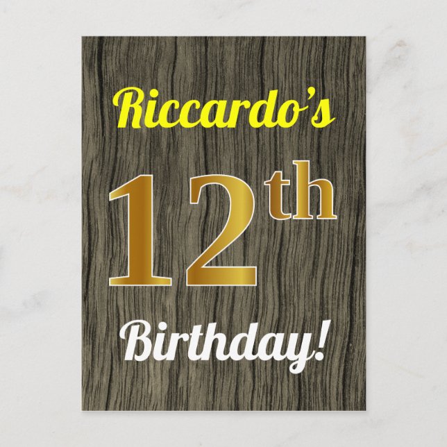 Faux Wood, Faux Guld 12:e Birthday & Custom Name Vykort (Framsida)
