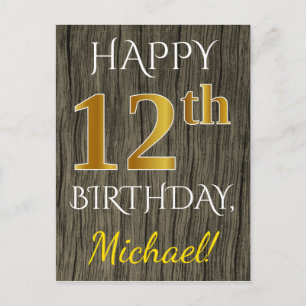 Faux Wood, Faux Guld 12:e Birthday + Custom Name Vykort