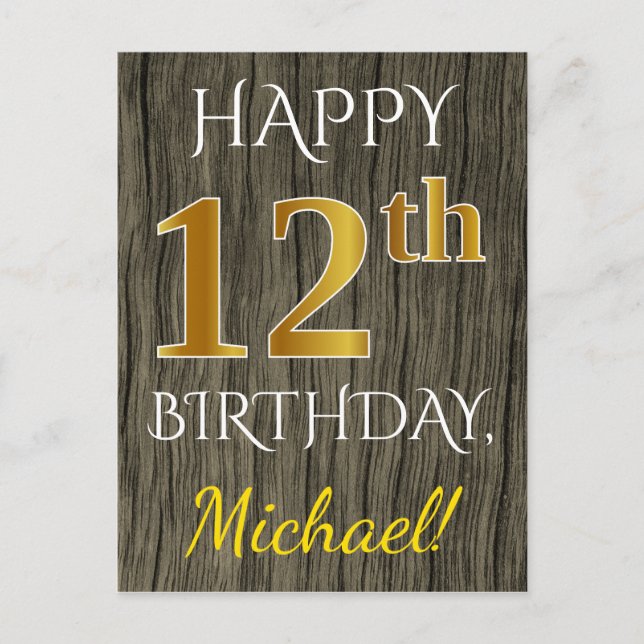 Faux Wood, Faux Guld 12:e Birthday + Custom Name Vykort (Framsida)