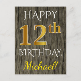 Faux Wood, Faux Guld 12:e Birthday + Custom Name Vykort