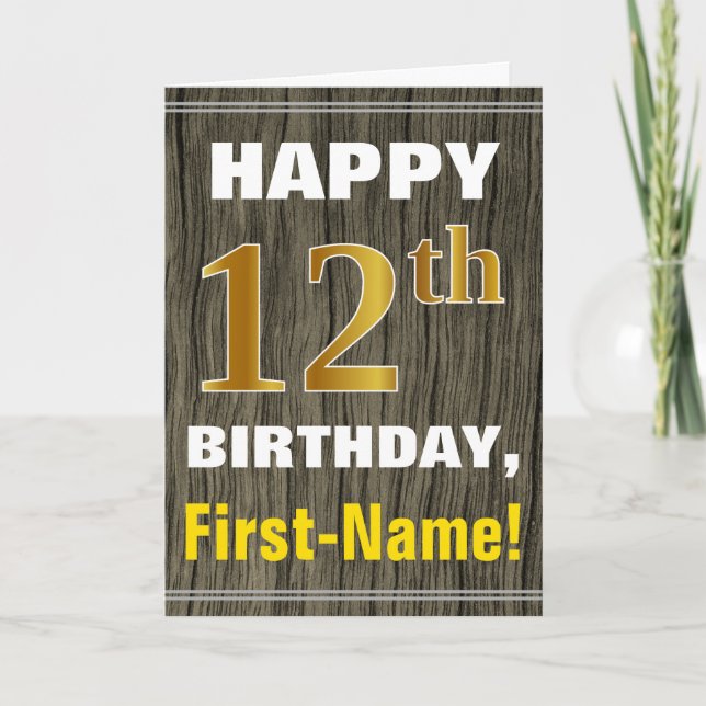 Faux Wood, Faux Guld 12:e Birthday + Namn Kort (Framsida)