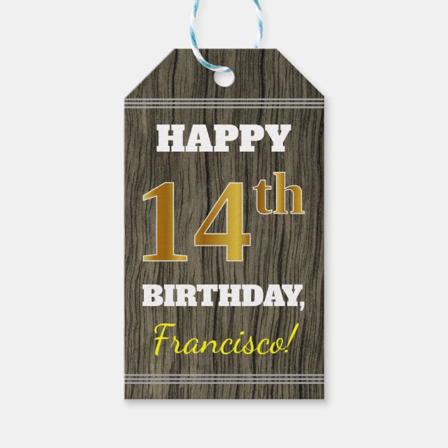Faux Wood, Faux Guld 14:e födelsedagen + eget namn Presentetikett (Framsidan)