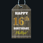 Faux Wood, Faux Guld 16:e födelsedagen   eget namn Presentetikett<br><div class="desc">Den här märkrn med födelsedagspresent innehåller ett meddelande som "LYCKLIG 16:e BIRTHDAY, Phillipe!", där namn kan vara personlig och där siffran "16:e" har ett utseende som liknar guld. Den har också en bakgrund med rustiskt utseende på träet. Baksidan har en Från:-linje. Märkre av födelsedagspresent som dessa skulle kanske kunna användas...</div>