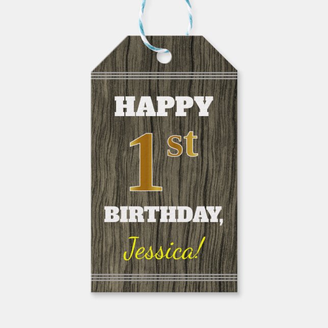 Faux Wood, Faux Guld 1:a födelsedag + eget namn Presentetikett (Framsidan)