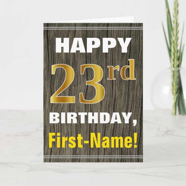 Faux Wood, Faux Guld 23:e födelsedagen + Namn Kort (Framsida)