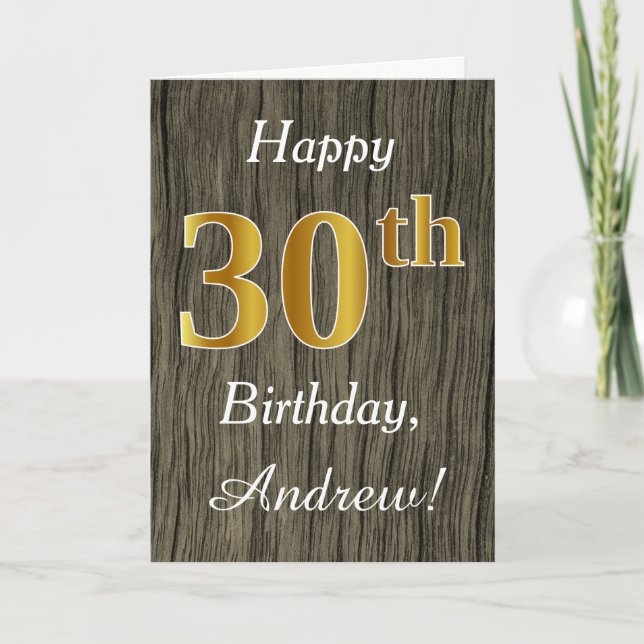 Faux Wood, Faux Guld 30års födelsedag + eget namn Kort (Framsida)