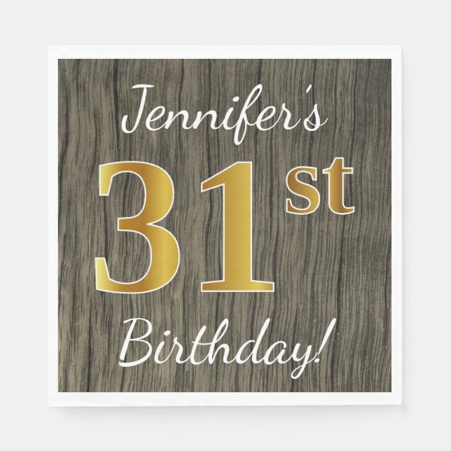 Faux Wood, Faux Guld 31a Birthday + Custom Name Pappersservett (Framsidan)