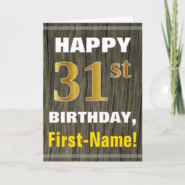Faux Wood, Faux Guld 31a Birthday + Namn Kort (Framsida)