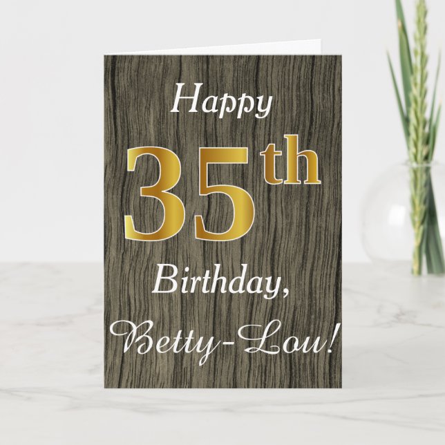 Faux Wood, Faux Guld 35e Birthday + Custom Name Kort (Framsida)