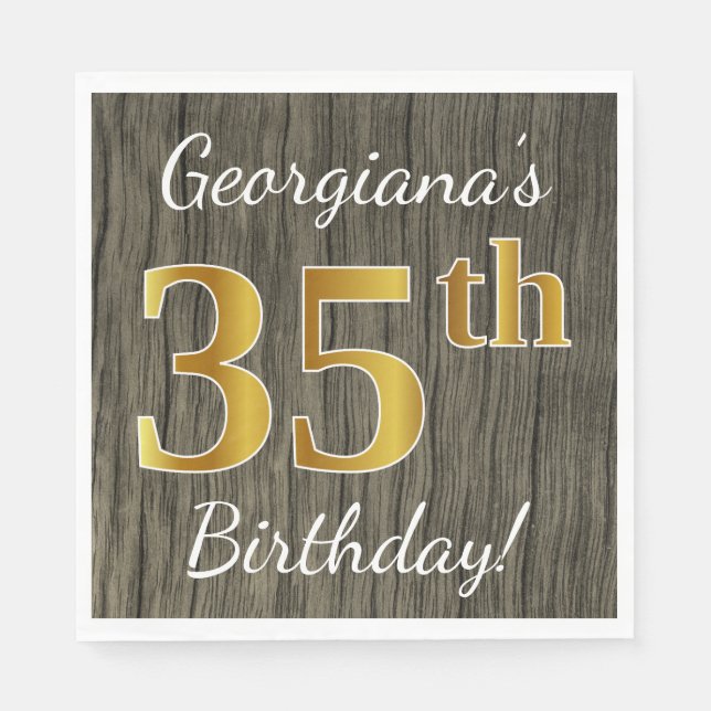 Faux Wood, Faux Guld 35e Birthday + Custom Name Pappersservett (Framsidan)