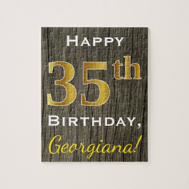 Faux Wood, Faux Guld 35e Birthday + Custom Name Pussel (Vertikal)