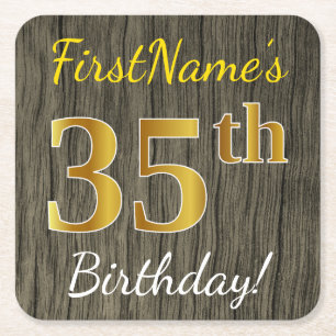 Faux Wood, Faux Guld 35e Birthday + Custom Name Underlägg Papper Kvadrat