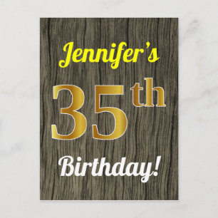 Faux Wood, Faux Guld 35e Birthday & Custom Name Vykort