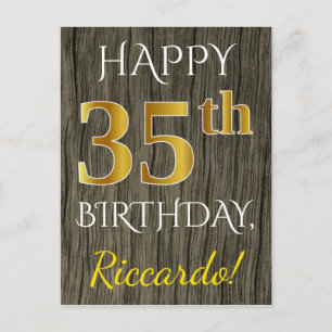 Faux Wood, Faux Guld 35e Birthday + Custom Name Vykort