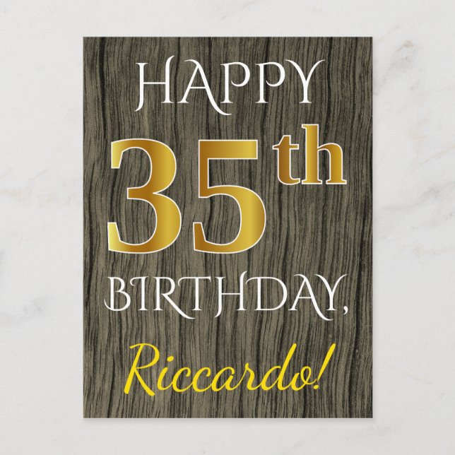 Faux Wood, Faux Guld 35e Birthday + Custom Name Vykort (Framsida)