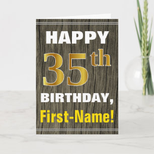 Faux Wood, Faux Guld 35e Birthday + Namn Kort