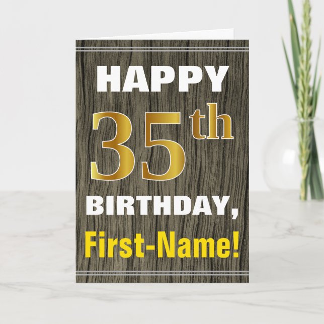 Faux Wood, Faux Guld 35e Birthday + Namn Kort (Framsida)