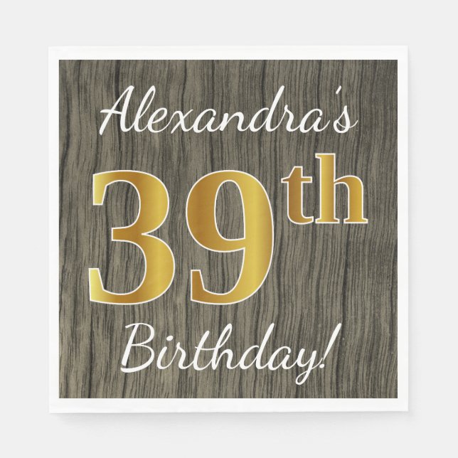 Faux Wood, Faux Guld 39 Birthday + Custom Name Pappersservett (Framsidan)