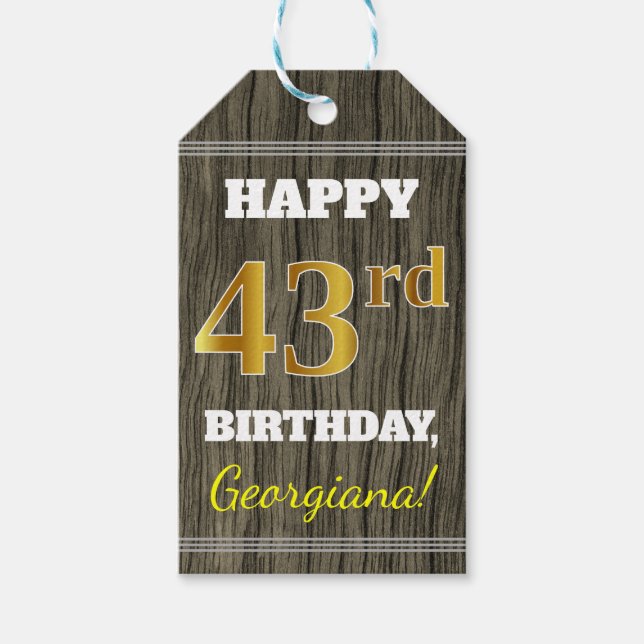 Faux Wood, Faux Guld 43 Birthday + Custom Name Presentetikett (Framsidan)